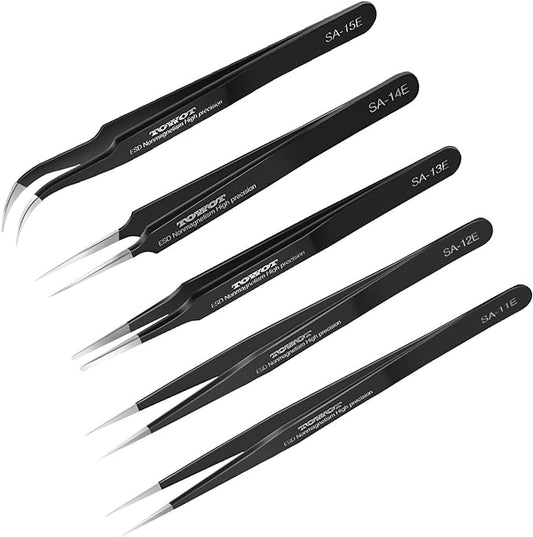 TOWOT 5 PCS Precision Tweezers Set, Premium Anti-static Stainless Steel for Craft, Electronics, Soldering, Jewelry Making, and Experimental Work Industrial Tweezers