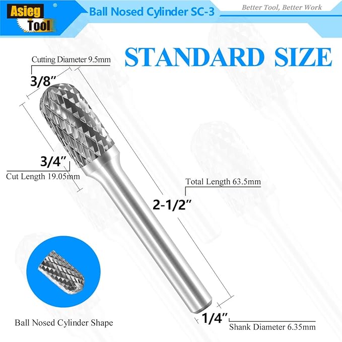 SC-3 Tungsten Carbide Burr Rotary File Cylindrical Ball Nose End Shape Double Cut for Die Grinder Drill Bits 1/4'' Inch Diameter of Shank and 3/8'' Inch Diameter of Cutter 3/4'' Inch Cutter Length