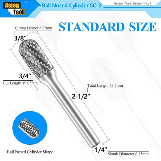 SC-3 Tungsten Carbide Burr Rotary File Cylindrical Ball Nose End Shape Double Cut for Die Grinder Drill Bits 1/4'' Inch Diameter of Shank and 3/8'' Inch Diameter of Cutter 3/4'' Inch Cutter Length