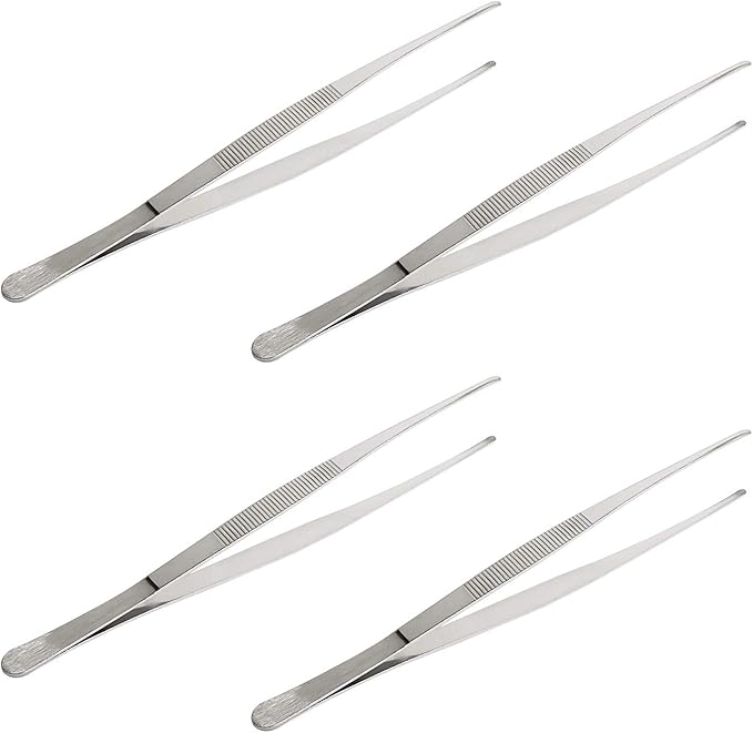 Aoje-Link Stainless Steel Straight Blunt Tweezers, horizontal serrated tips, used for repairs, barbecues, auxiliary tools, silver, 4pcs