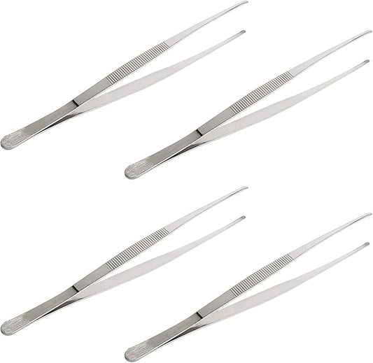 Aoje-Link Stainless Steel Straight Blunt Tweezers, horizontal serrated tips, used for repairs, barbecues, auxiliary tools, silver, 4pcs