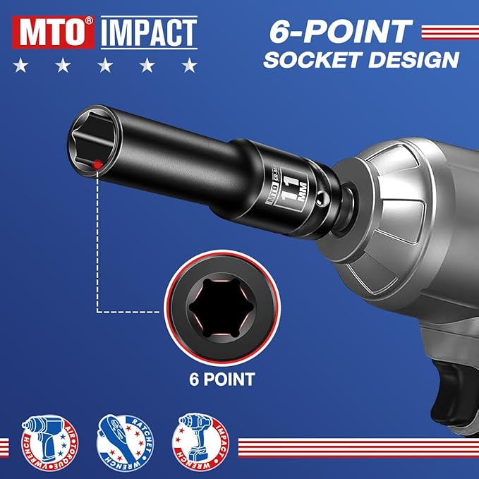 MTO 1/2" Drive 11mm Deep Impact Socket, 6 Pt. Metric Socket, CR-MO Steel & Anti-Corrosion Coating for Heavy-Duty Use