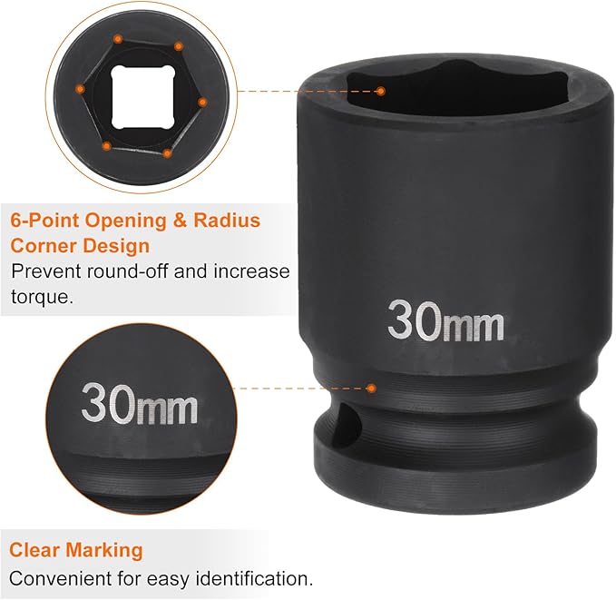 HARFINGTON 6-Point Impact Socket 3/4" Drive 30mm Metric 40Cr Alloy Steel Spindle Axle Nut Impact Socket