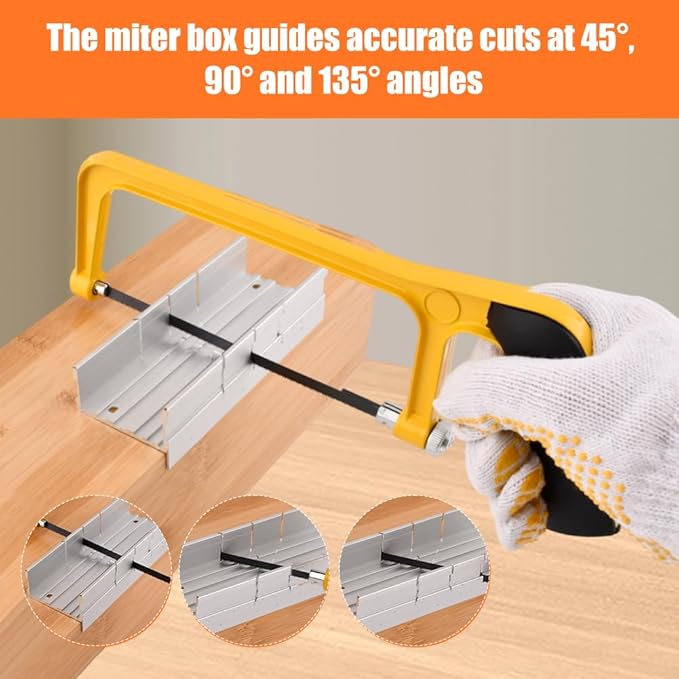 Mini Metal Mitre Box and Saw Set, 6 Inch Extra Fine Cut Hand Saw with 2 Hacksaw Replacement Blades & Gloves for Crafts, Hobby Projects, Cutting Wood, Soft Metal(COLOR:Yellow)