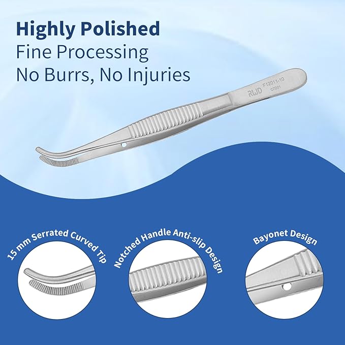 RWD Dressing Forceps 4.1", Martensitic Stainless Steel Medical Tweezers, 1.9mm Width Serrated Curved Tip, Micro Forceps Tweezer, Surgical Tweezer for High-Precision Handling (F12011-10)