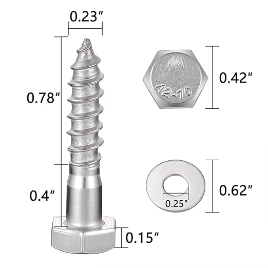 25 Pcs M6x1.18 Inch Hex Head Lag Screws 304 Stainless Steel 18-8 Wood Screws for Indoor Furniture Assembly Bookshelves Solid Wood Dining Tables