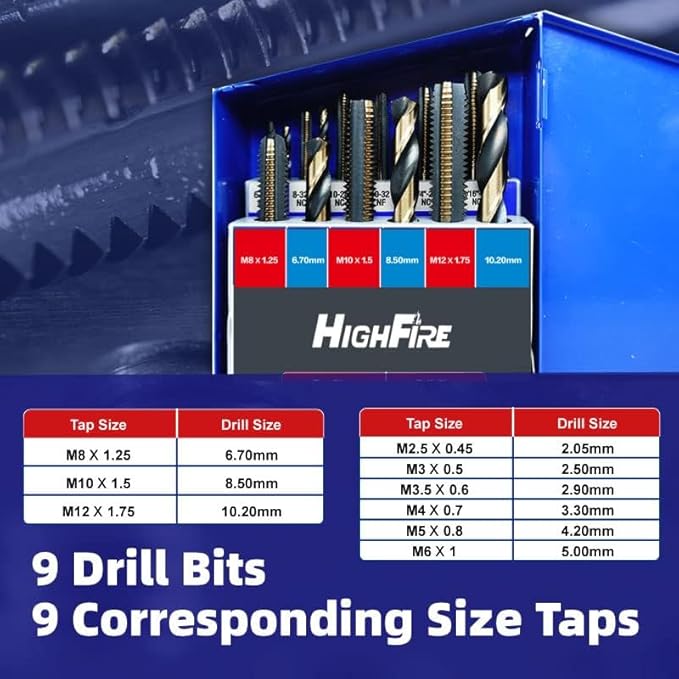 HIGHFIRE 18-Piece Metric Drill and Tap Set with 1 Piece T-Handle Ratchet, Black and Gold Premium HSS Jobber Length Drill Bits and Hand Plug Taps with Metal Indexed Box