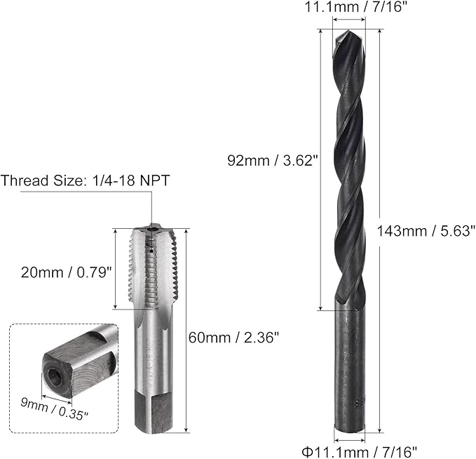 uxcell Tap and Drill Bit Set, 1/4-18 NPT Thread Tap & 7/16" Black Oxide Twist Drill Bit, Straight Flute Tap Tapping Threading Repair Tool Kit