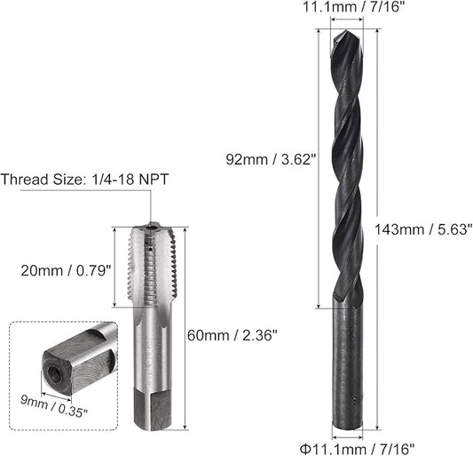 uxcell Tap and Drill Bit Set, 1/4-18 NPT Thread Tap & 7/16" Black Oxide Twist Drill Bit, Straight Flute Tap Tapping Threading Repair Tool Kit