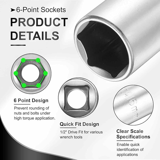 HARFINGTON 2pcs 6 Points Deep Socket 1/2" Drive 16mm Deep Metric CR-V Steel Polished Nickel Plating Flip Sleeve 120mm / 4.7" Extra Long Socket Tool for Home Auto Nuts Bolts Repair