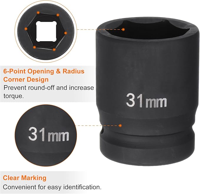 HARFINGTON 6-Point Impact Socket 3/4" Drive 31mm Metric 40Cr Alloy Steel Spindle Axle Nut Impact Socket