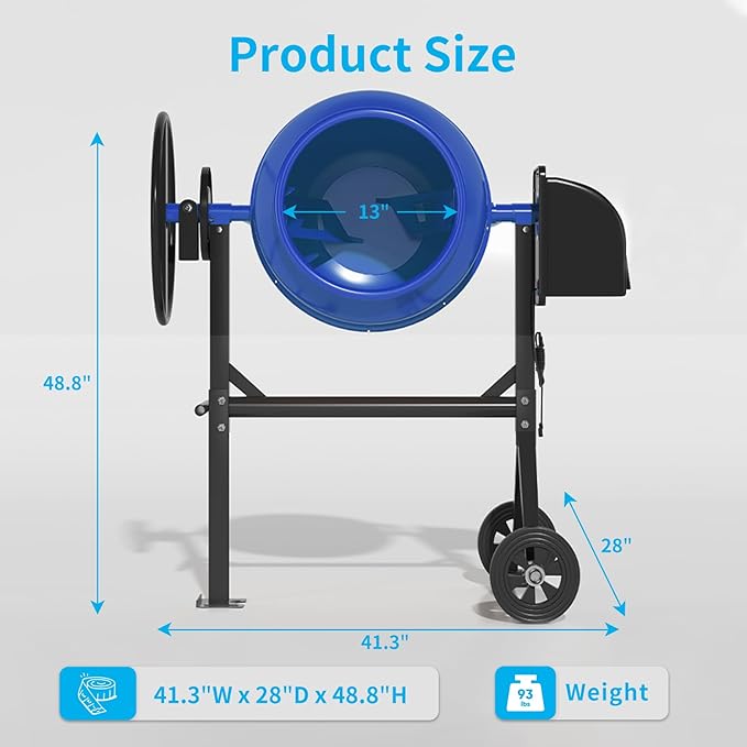 4.5 Cu.Ft. Electric Cement Mixer, 120L Dumb Portable Concrete Mixer with wheel&Stand,120V Mortar For Concreat,Mortar,Feeds and Seeds, Blue