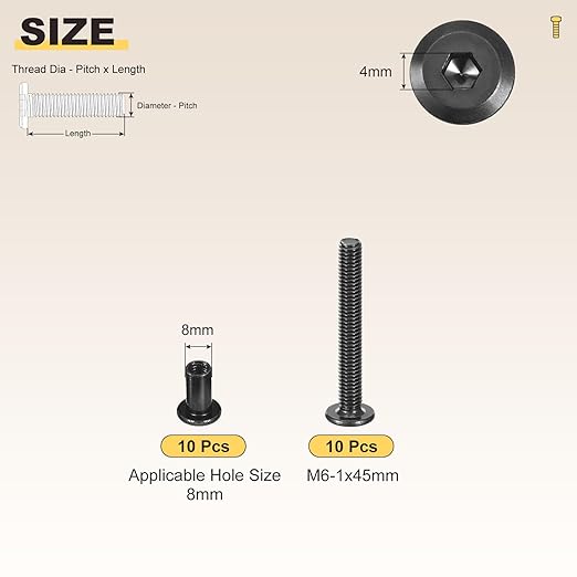 METALLIXITY Furniture Crib Screws Replacement Set(M6-1x45mm) 20Pcs, Connector Bolts M6 Screw Barrel Nuts Binding Screws, for Chair Cabinet Bed, Black