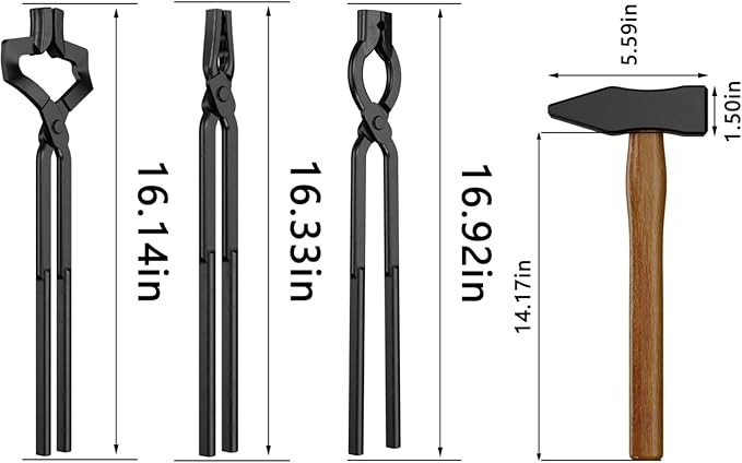 4PCS Blacksmith Tools with Blacksmith Tongs and Blacksmith Hammer, Z V-Bit, Wolf Jaw,V-Bit Bolt with A3 Steel Rivets,and Assembled Blacksmithing Tongs for Forging Tools and Equipment