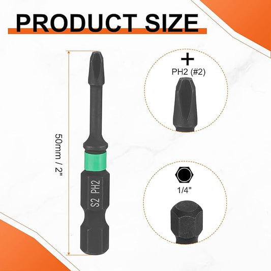 HARFINGTON 5pcs #2 Impact Phillips Screwdriver Bit PH2 1/4" Hex Shank 2" (50mm) Length 0.12" Rod Magnetic Cross Head Drill Bits S2 Steel Industrial Screw Drivers for Impact Power Tools