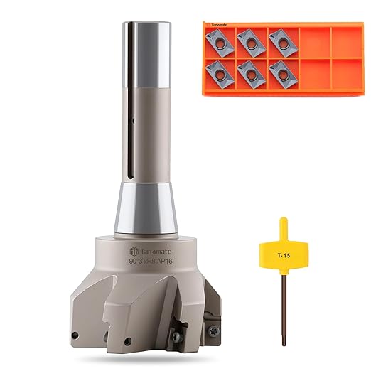 R8 Shank Indexable End Mill 3" Cutting Diameter x 6-1/4" Oal 90 Degree with Nickel Plating, Includes 6 APKT1604 Carbide Inserts