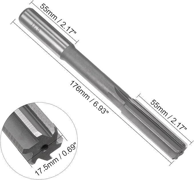 uxcell Chucking Reamer 17.5mm, H7 HSS Lathe Machine Reamer 6 Straight Flutes, Round Shank Milling Cutting Tool, Metric Reaming Drill Bit for Stainless Steel Metal Hole