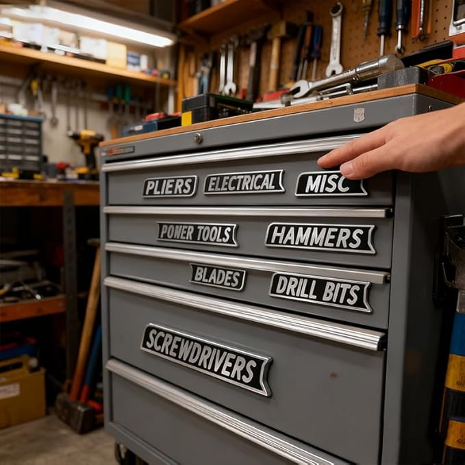 12-Pack Magnetic Toolbox Labels, Heavy-Duty 3D Printed Tool Tags with Secure Magnetic Backing ??Reusable Tool Box Organizer Labels for Steel Tool Chests, Drawers, Carts & Cabinets