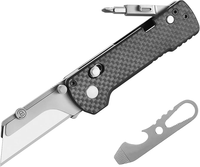 OKNIFE U1 Pro Multitool Folding Utility Knife with Folding Screwdriver, Quick Change Blade, Rail Lock & Pocket Clip for Men Women (Carbon Fiber Black)