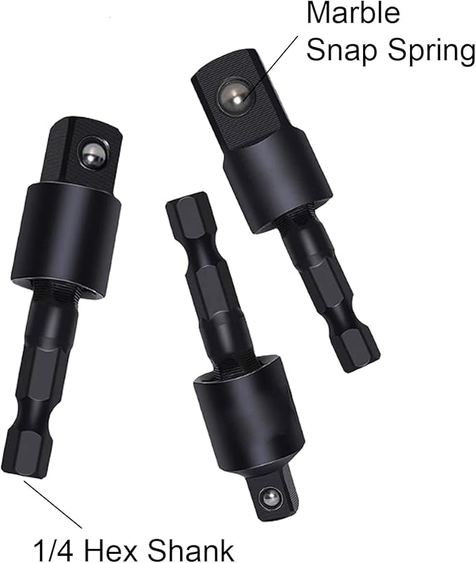 4-in-1 Impact Drill Bit Extension Set with a 105째 angle screwdriver bit, right angle drill adaptor, and 360째 rotatable socket adapters for 1/4", 3/8", and 1/2" sizes