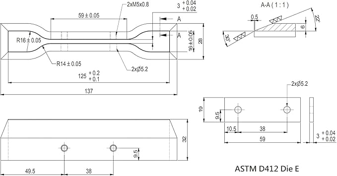 Dumbbell and Straight Section Shape Cutter for ASTM/ISO/JIS Standards for Rubber Specimen Test utilizing Tensile Testing Machine Made by Wire-Cut EDM and Quenching (ASTM D412 Die E)