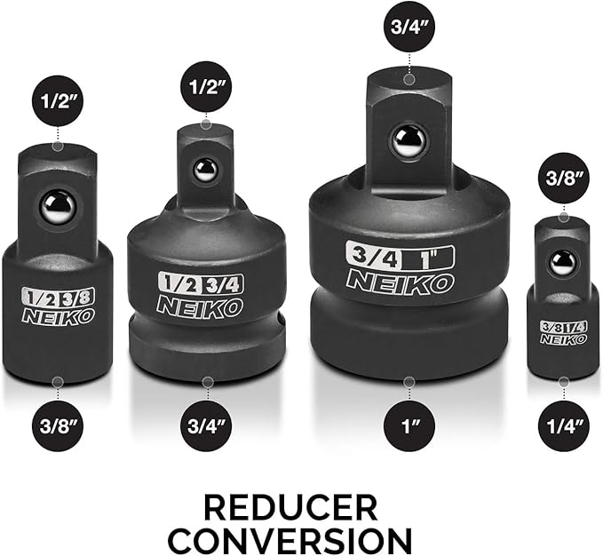 NEIKO 30223A 8 PC Impact Socket Adapter Set, Standard SAE Size, Cr-V Steel, Impact Driver & Wrench Conversion Kit, Locking Impact Socket Adapters & Reducer Set, Ball Detent, 1/4”, 3/8”, 1/2", 3/4”, 1”