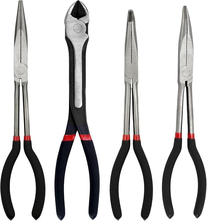 4-Piece 11" Extra Long Needle Nose Pliers Set with Insulated Comfort Grip, Straight Long Reach, 45/90째Bent Nose & Diagonal Pliers for Bending, Shaping & Trimming in Narrow Spaces