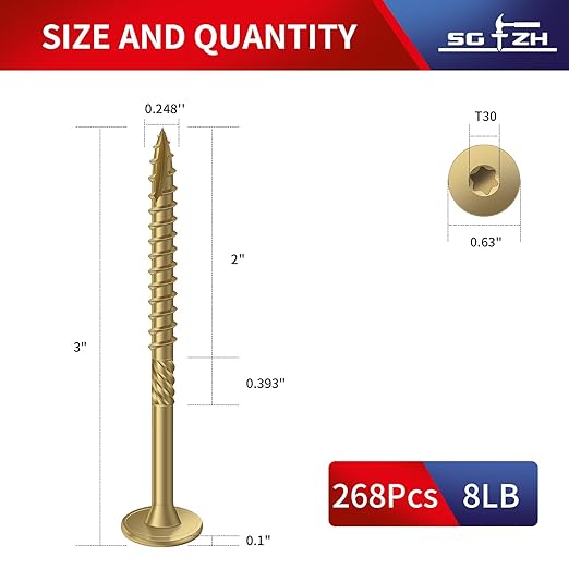 #14 x 3 Inch Outdoor Structural Wood Deck Screws (268Pcs/8lb), Carbon Steel, Tan, Flat Head, Rust Resistant Epoxy Coated, T30 Star Bit