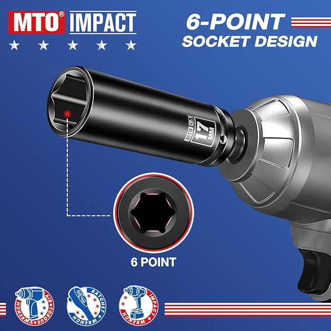 MTO 1/2" Drive 17mm Deep Impact Socket, 6-Point Metric Socket for Automotive Maintaince, CR-V Steel Meets ANSI Standards