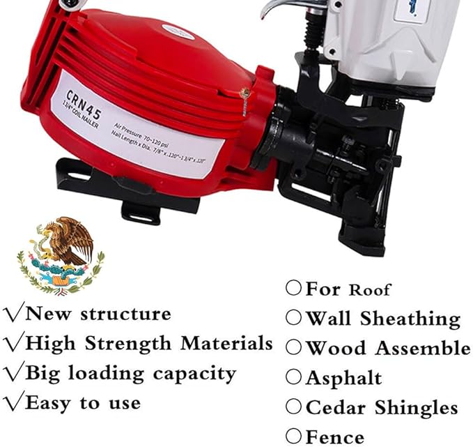 BHTOP Mexican CN45N Roofing Nailer, 15 Degree Roofing Nail Gun, 3/4-Inch to 1-3/4-Inch Coil Nails, 120-pcs Load Capacity Coil Naile (Green/Red）