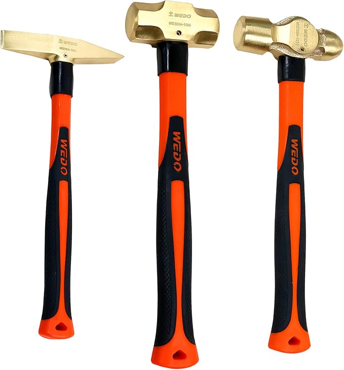 WEDO 3PCS Hammer Set,3lb Sledge Hammer,2lb Ball Pein Hammer,0.7lb Scaling Hammer,Brass,Fiberglass Handle,Die-Forge,Corrosion Resistant