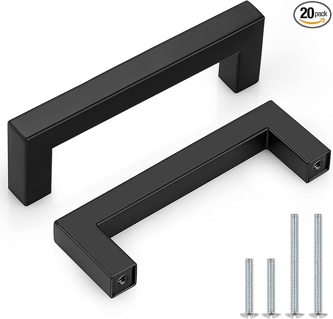Probrico (20 Pack Matte Black Cabinet Pulls Square Cabinet Hardware 3-3/4 Inch(96mm) Hole Center Drawer Pulls Stainless Steel Modern Kitchen Handles