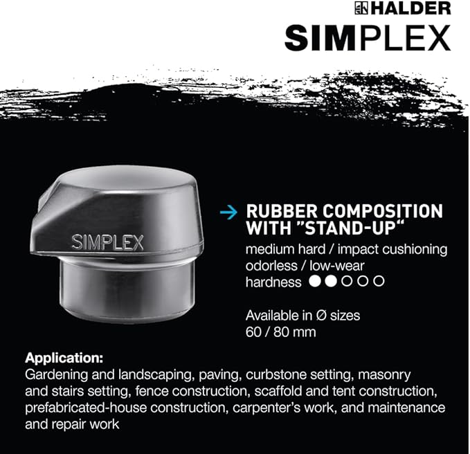 Halder Simplex SledgeHammer 3028.261 - Medium-Hard "Stand-Up" Rubber Insert, Nylon Insert, Cast Iron Housing with Handle Protection Sleeve, Varnished Wooden Handle, 60mm, 4.2 lbs.
