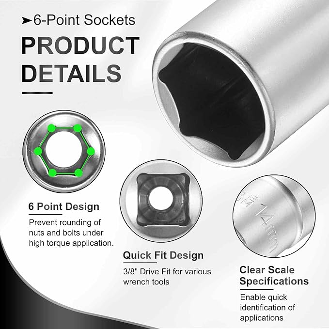 HARFINGTON 6 Points Deep Socket 3/8" Drive 14mm Deep Metric CR-V Steel Polished Nickel Plating Flip Sleeve 120mm / 4.7" Extra Long Socket Tool for Home Auto Nuts Bolts Repair