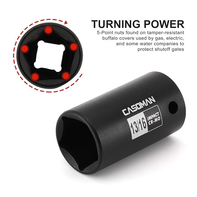 CASOMAN 1/2" Drive 13/16-inch Penta Socket, 5 Point Utility Socket, CR-MO, Removes and Installs Penta Nuts and Bolts for Utility Service