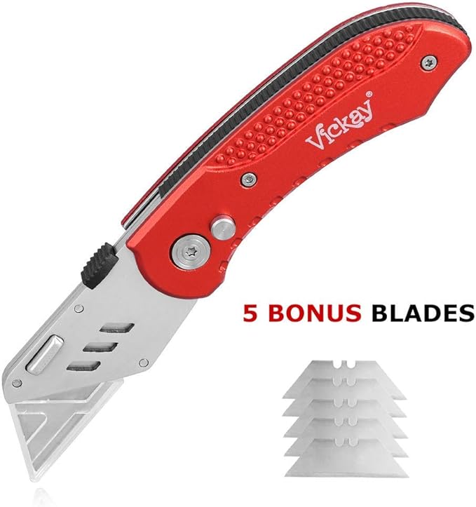 Vickay Box Cutter Folding Utility Knife Heavy Duty with 5 SK5 Quick Change Blades, Safety Axis Lock Design Razor Knife, Lightweight Aluminum Body Belt Clip for Office
