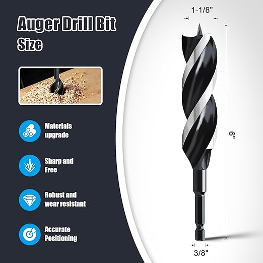 1-1/8" x 6" Auger Drill Bit for Wood, Hex Shank Tri Flute Ship Auger Long Drill Bit for Soft and Hard Wood,Tree Stump,Plastic,Drywall and Composite Materials