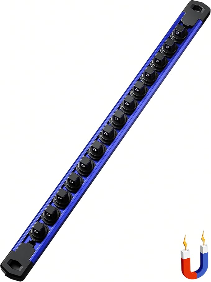ALOANES 3/8-Inch Drive Magnetic Socket Organizer, Heavy Duty Aluminum Socket Rail Organizer, 360째 Swivel Clips Socket Rail Set For Sockets Storage, 3/8-Inch Socket Holder x 14 Clips (Blue)
