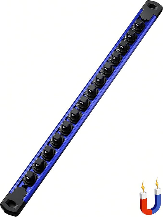 ALOANES 3/8-Inch Drive Magnetic Socket Organizer, Heavy Duty Aluminum Socket Rail Organizer, 360째 Swivel Clips Socket Rail Set For Sockets Storage, 3/8-Inch Socket Holder x 14 Clips (Blue)