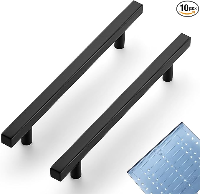 Ravinte 10 Pack 6-1/4 Inch Cabinet Pulls Black Sqaure Kitchen Cabinet Handles Black Cabinet Hardware Stainless Steel Drawer Pulls 8-4/5 Inch Overall Length with Mounting Template