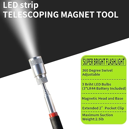 Telescoping Magnetic Pickup Tool Set, 2Pcs Round and Square Inspection Mirror Telescoping with LED Lights, 2Pcs Magnet Stick Best Gadgets Gifts for Men (Black, 4 Pack)