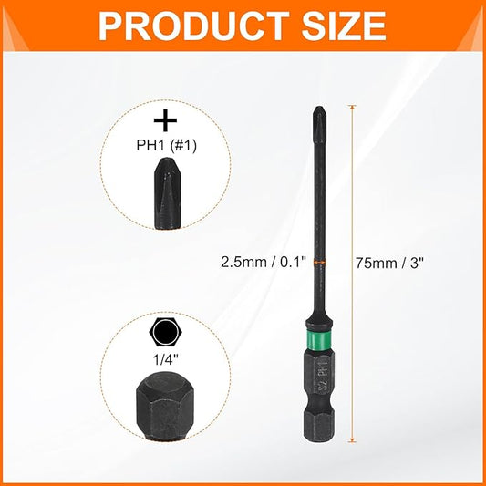 HARFINGTON 3pcs #1 Impact Phillips Screwdriver Bit PH1 1/4" Hex Shank 3" (75mm) Long 0.1" Rod Magnetic Cross Head Drill Bits S2 Steel Industrial Screw Driver for Impact Power Drivers