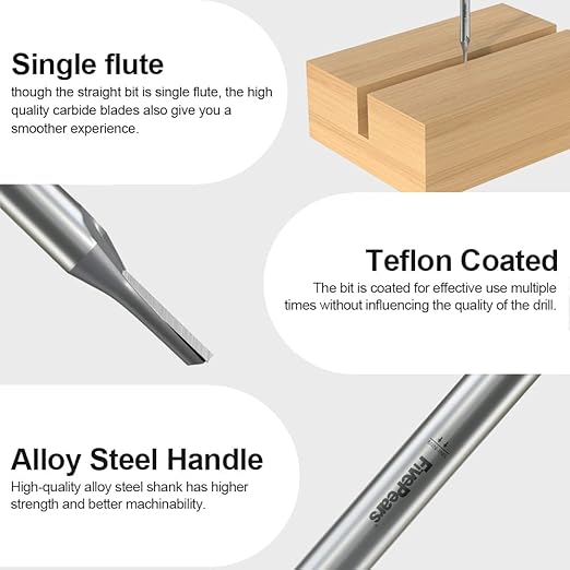 FivePears Straight Router Bits 1/4 Inch Shank Single Flute, 1/8 Inch Cutting Diameter, 3/8 Inch Cutting Length, Used for Create Groove, Dado or Hollow