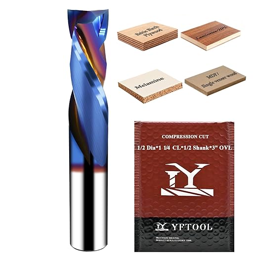 Long-Lasting Sharp 1/2 Compression Router Bit - K30 Premium Carbide CNC Up Down Spiral Mill Bit, 1-1/4 Inch Cut Length, 1/2" Shank for Plywood, Laminate, MDF, Melamine & Veneered Wood by YFTOOL