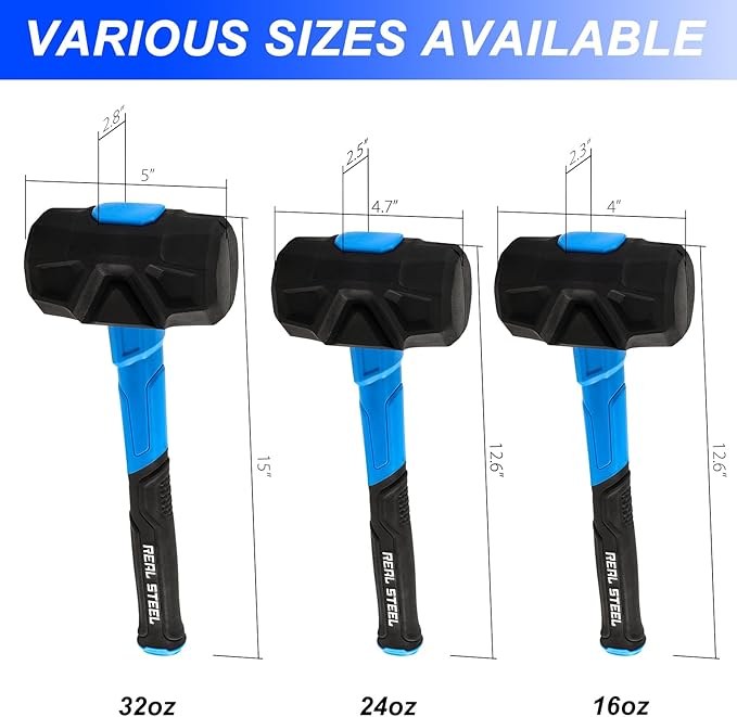 Real Steel Rubber Mallet Hammer 16 OZ Black Rubber Hammer with Solid Head, Double-faced Mallets for Flooring, Woodworking, Camping, Automotive 0325
