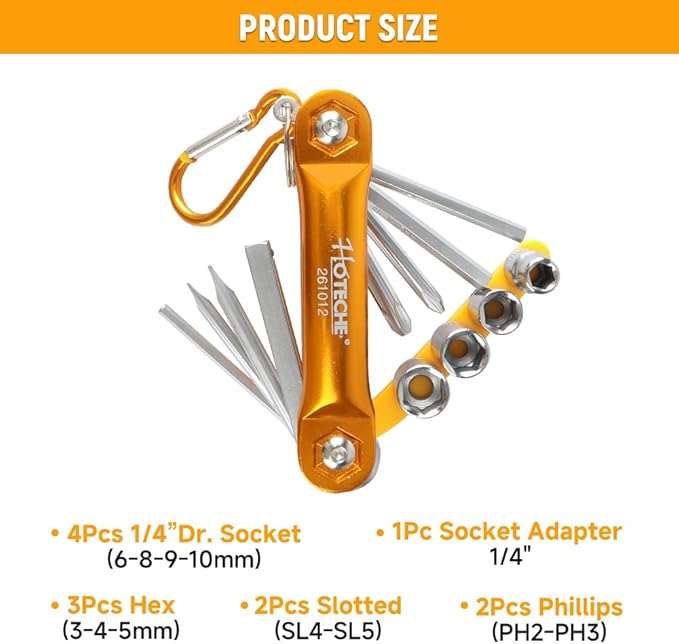 Hoteche 12-Piece Folding Socket and Screwdriver Bit Set ??Compact CR-V Tool Kit with Anodized Aluminum Frame | 1/4" Drive Sockets (6-10mm), PH2/PH3, Slotted, Hex, Socket Adapter | Satin Finish