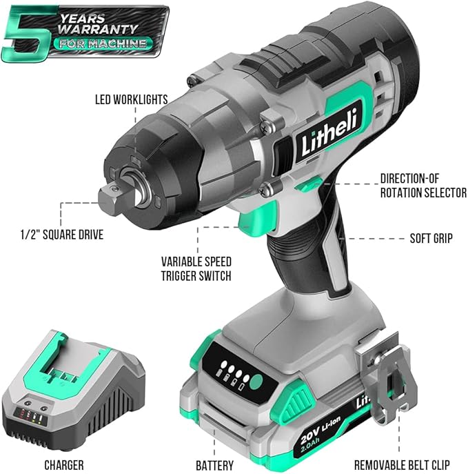 LiTHELi Impact Wrench Cordless, 1/2 inch Power Impact Wrenches Max Torque 320 ft-lbs(430N.m), Bare Tool, Battery and Charger not Included