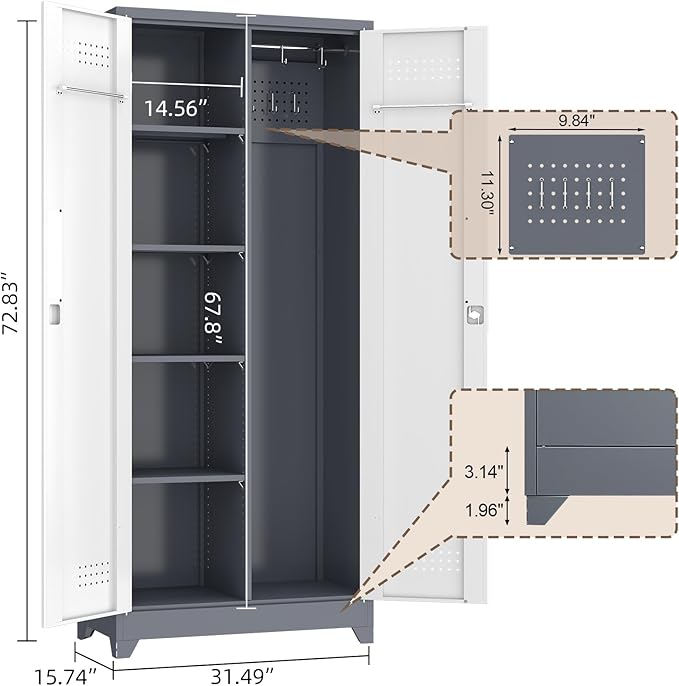 GREATMEET 72'' Metal Utility Storage Cabinet with Pegboard & Tool Hanging Bars, Double Door Cleaning Supply Organizer with Adjustable Shelves, Tall Garage Janitor Storage Cabinet, Gray White