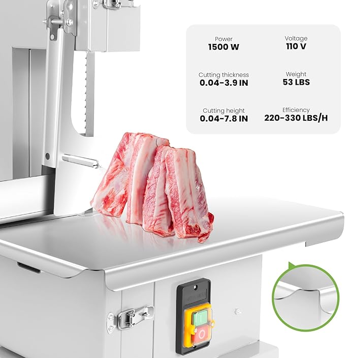 Commercial Electric Meat Bandsaw, 1500W Bone Meat Cutter Machine, Stainless Steel Workbench 19" x 14", 0.04-7.8 In Cutting Thickness, Frozen Meat Cutter with 8 Blades for Rib Pork Beef
