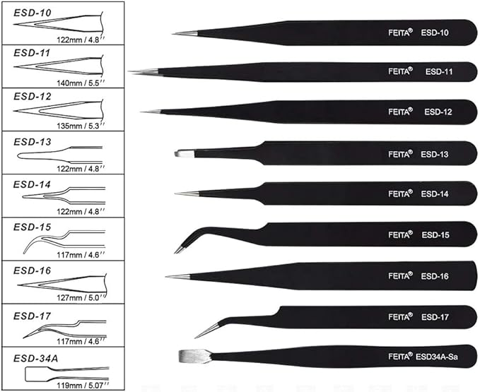 Precision Tweezer Set - FEITA Professional ESD Stainless Steel Anti static Tweezers Kit for Electronic, craft, Jewelry, Watchmakers, Hobby (Black 9 Pcs)
